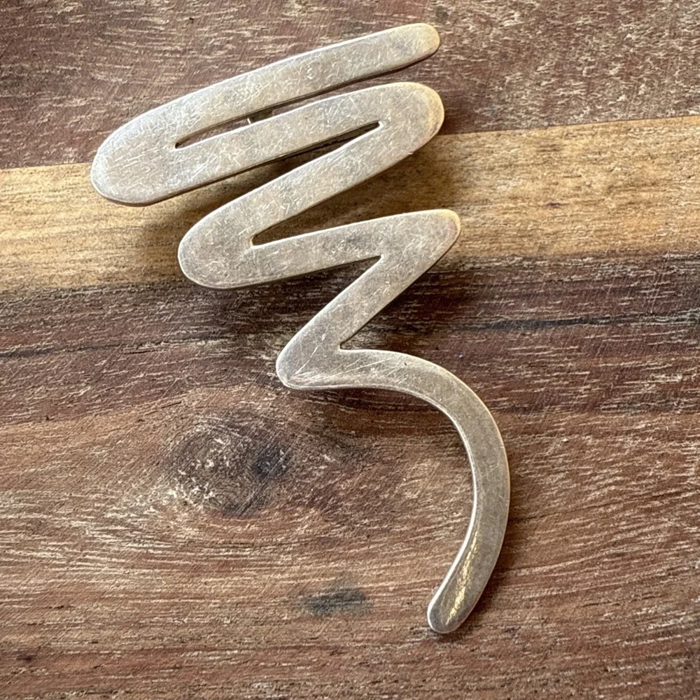 Taxco Mexico Vtg 925 Sterling Silver Large Zig Zag‎ Swirl Modern Brooch Pendant
